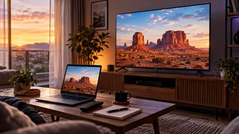 Televisão e notebook com paisagem de deserto, caderno e caneca sobre mesa de centro.